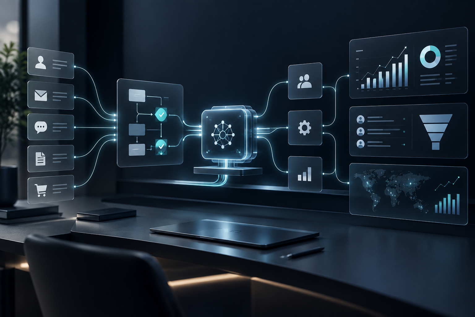 Flujos conectados de automatización, CRM y analítica